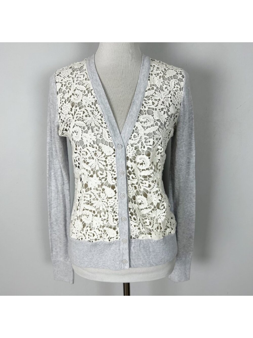 Loft Cardigan Sweater Heather Gray with Cream Lace Crochet Size Small Women's